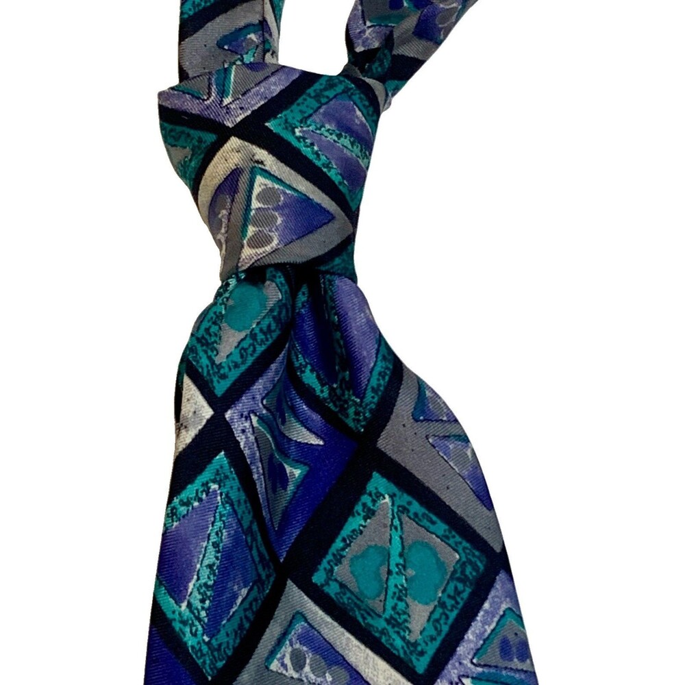 Vintage Milano 100% Italian Silk Tie Teal Purple Gray Geometric Abstract 90s